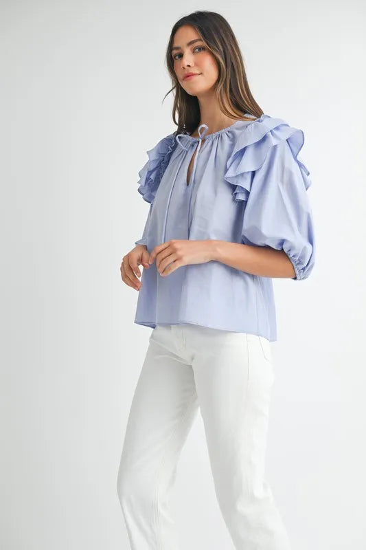 Image of MABLE Stripe Ruffle Shoulder Puff Sleeve Blouse | Queeble.shop