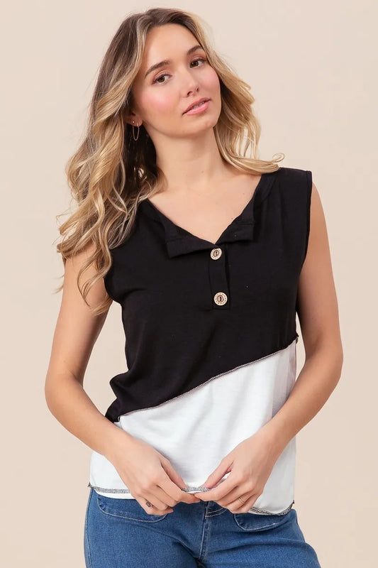 Image of BiBi Color Block Contrast Stitching Buttoned Henley Top | Queeble.shop