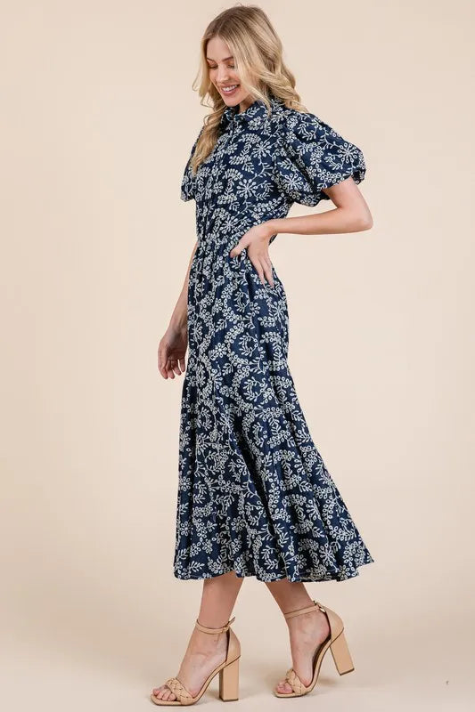 Image of GeeGee Natural Leaf Pattern Eyelet Lace Puff Sleeve Dress | Queeble.shop