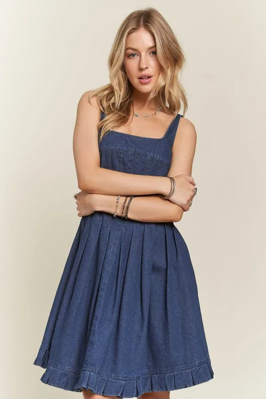 Image of ADORA Smocked Back Square Neck Denim Dress | Queeble.shop