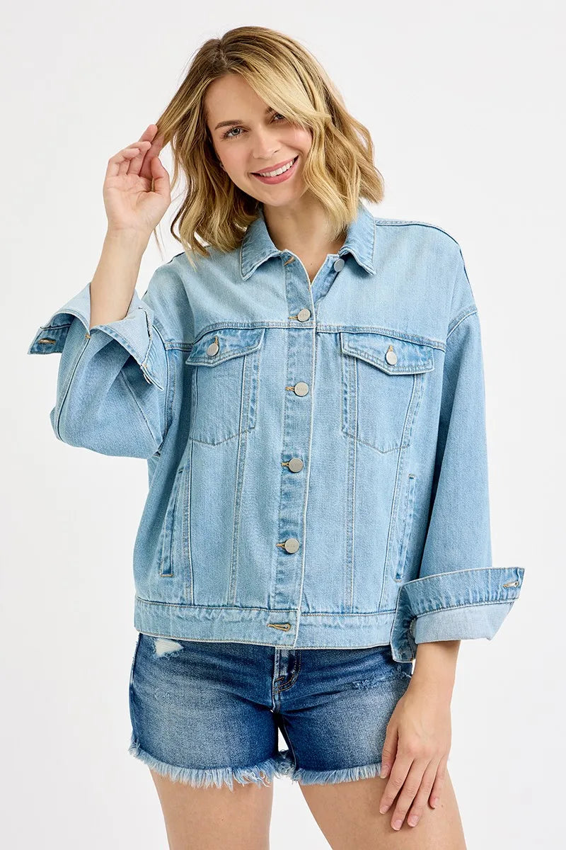 Image of RISEN Washed Dropped Shoulder Denim Jacket | Queeble.shop