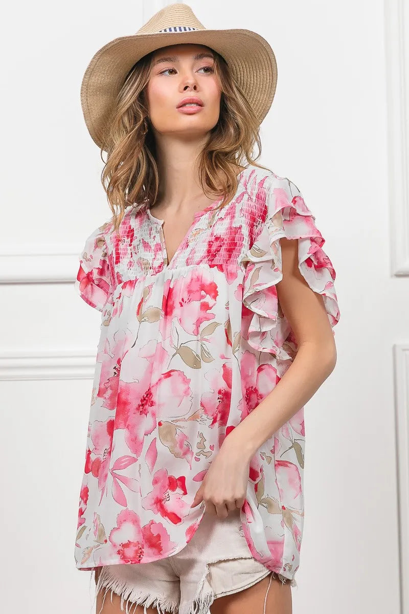 Image of BiBi Floral Print Flutter Sheer Top | Queeble.shop