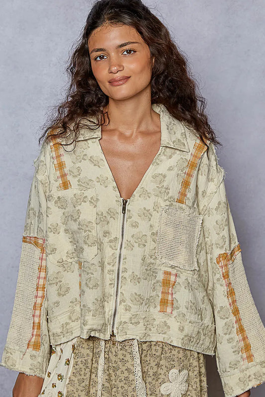 Image of POL Raw Hem Zip Up Floral Jacket with Plaid and Crochet Patch | Queeble.shop