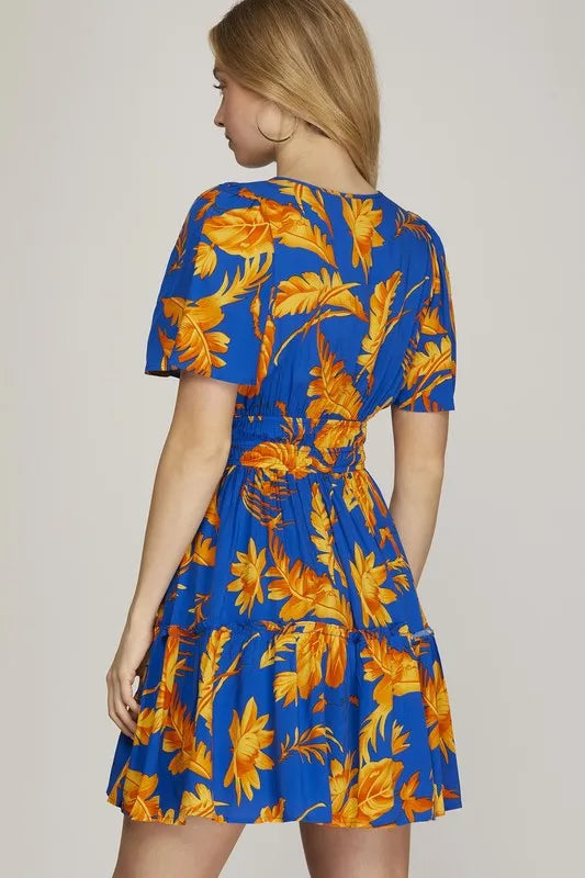 Image of She + Sky Full Size Printed Notched Short Sleeve Frill Tiered Dress Plus Size | Queeble.shop