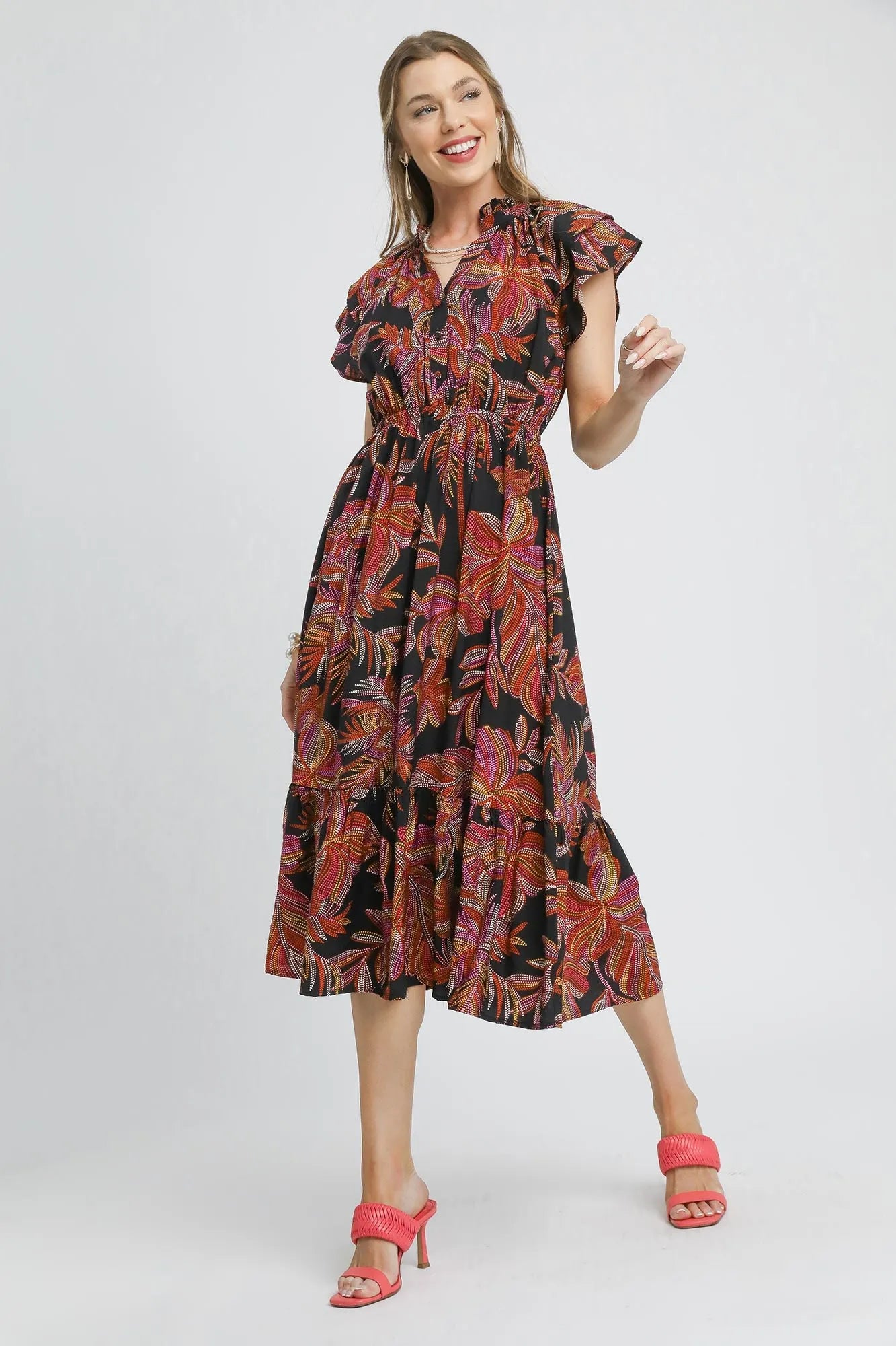 Image of Umgee Mix Ruffle Sleeve Tropical Midi Dress | Queeble.shop