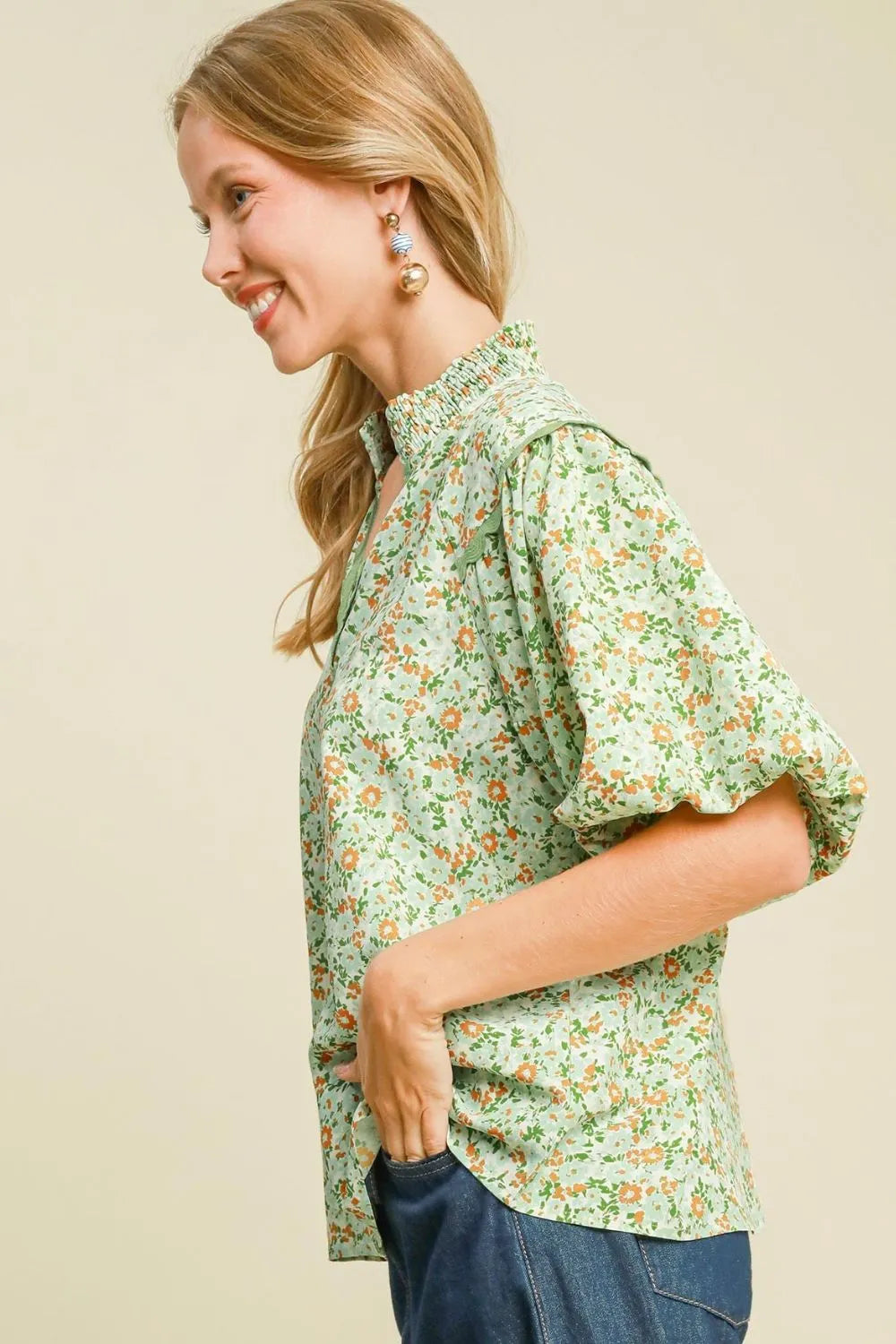 Image of Umgee Full Size Floral Print Puff Sleeve Top Plus Size | Queeble.shop