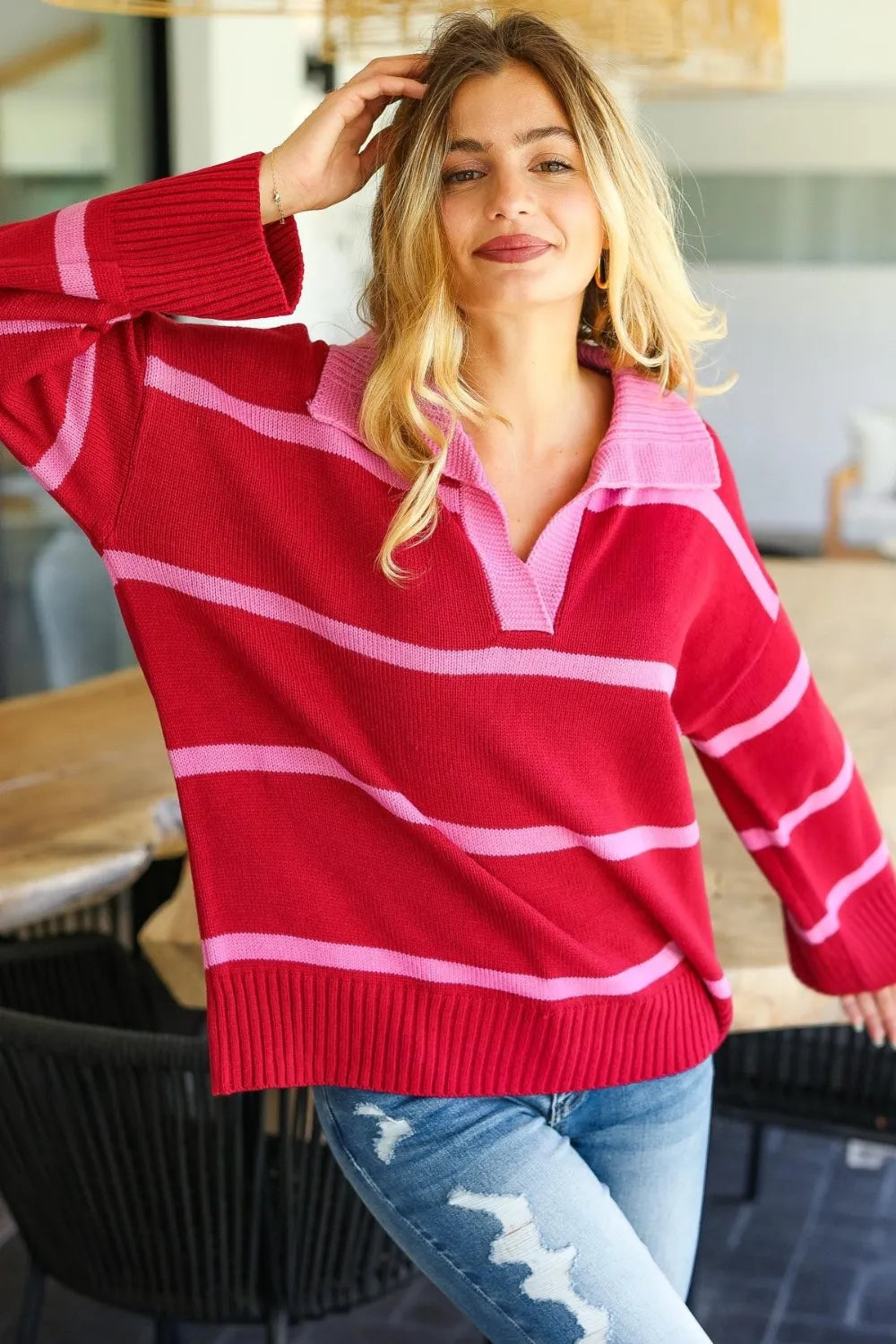 Image of Haptics Collared Neck Striped Contrast Sweater | Queeble.shop