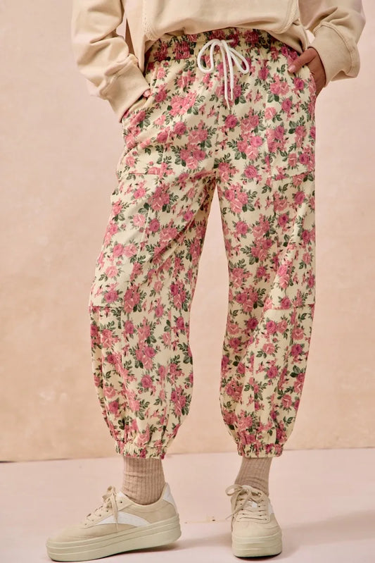 Image of BiBi Floral Printed Twill Drawstring Pants With Elastic Band | Queeble.shop