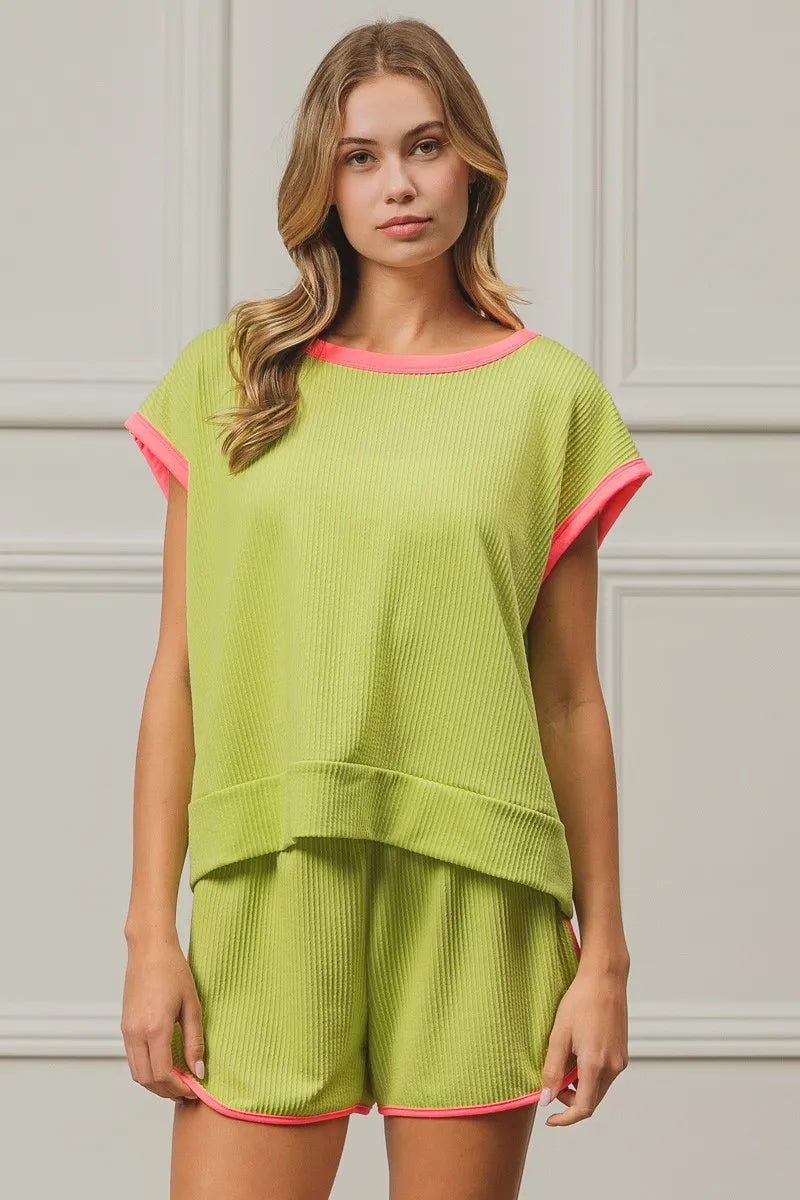 Image of BiBi Cord Rib Knit Contrast Banded Top | Queeble.shop