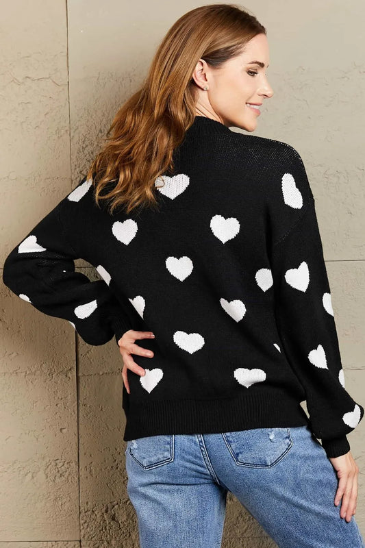 Image of Woven Right Heart Pattern Lantern Sleeve Round Neck Tunic Sweater | Queeble.shop