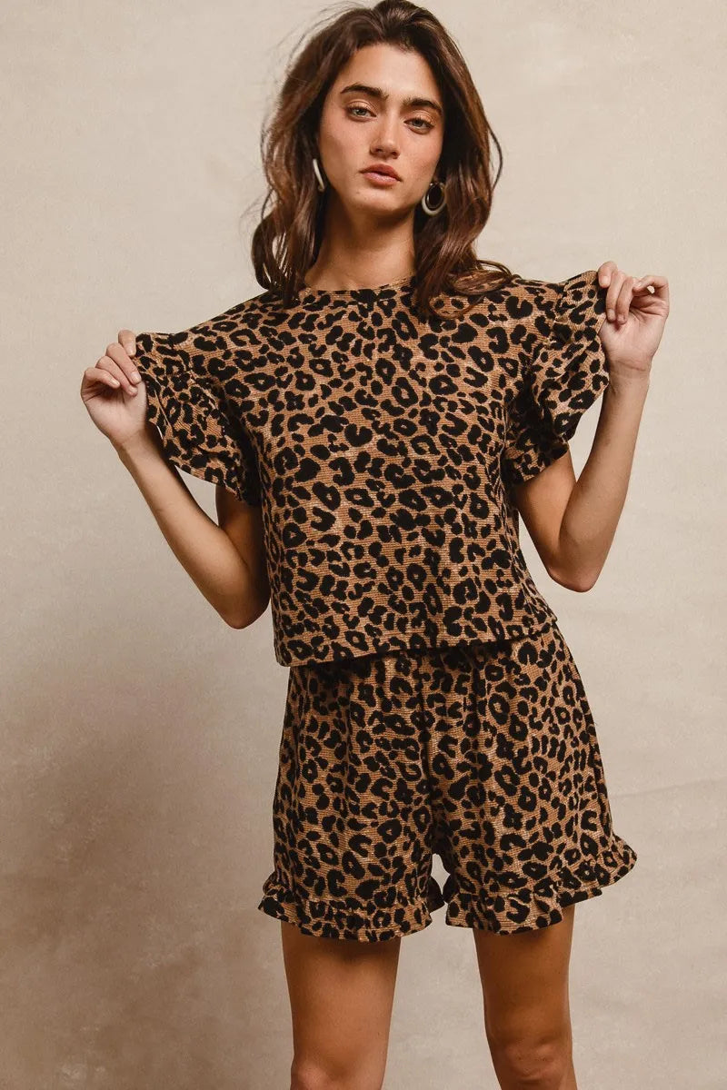 Image of BiBi Leopard Print Waffle Texture Layered Ruffle Sleeve Top and Shorts Set | Queeble.shop