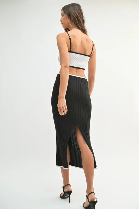 Image of MABLE Ribbed Knit Color Block Cutout Midi Dress | Queeble.shop