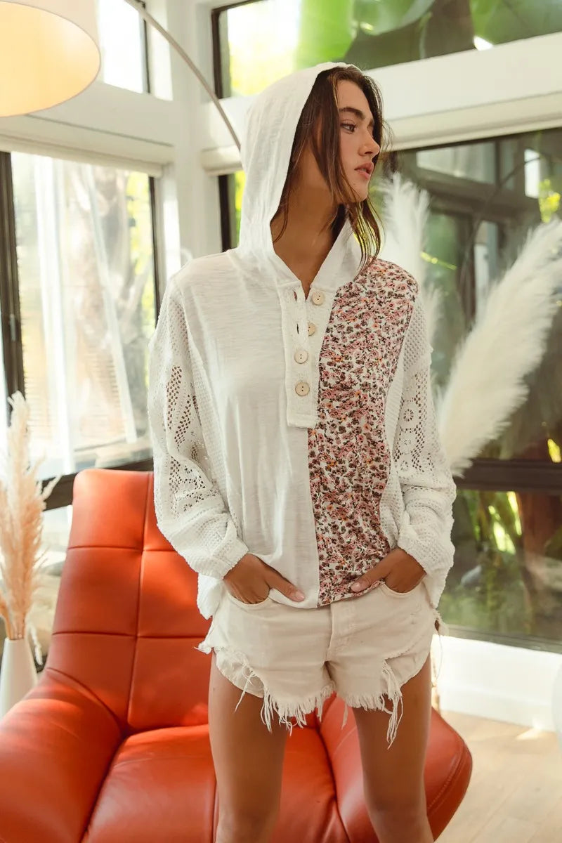 Image of BiBi Slub Jersey with Lace Combo Buttoned Hoodie Top | Queeble.shop