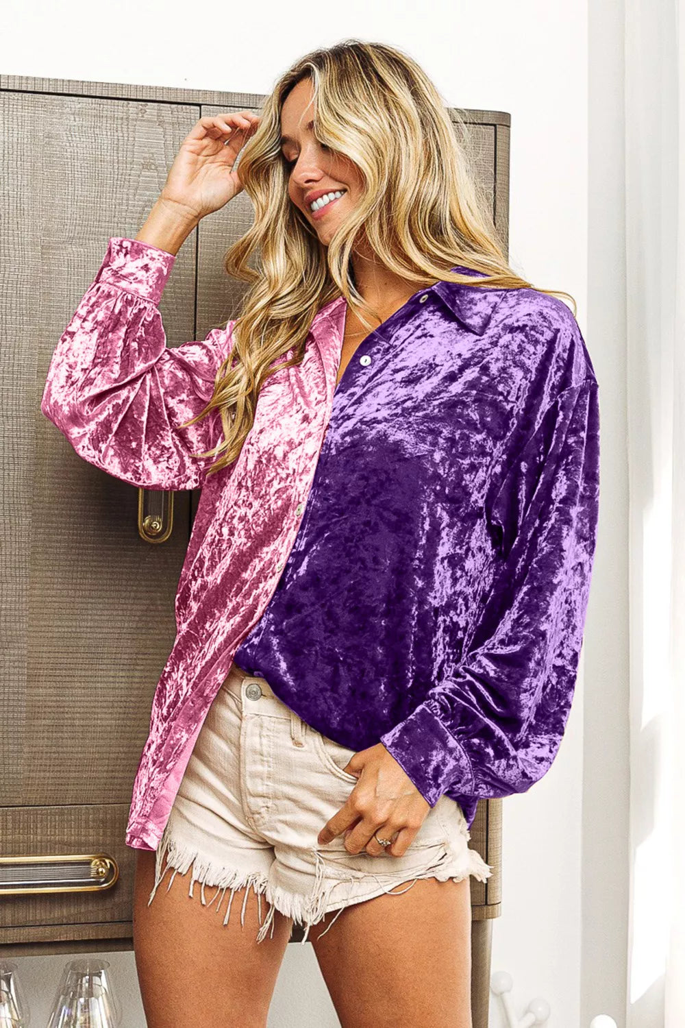 Image of BiBi Contrast Button Up Long Sleeve Shirt | Queeble.shop