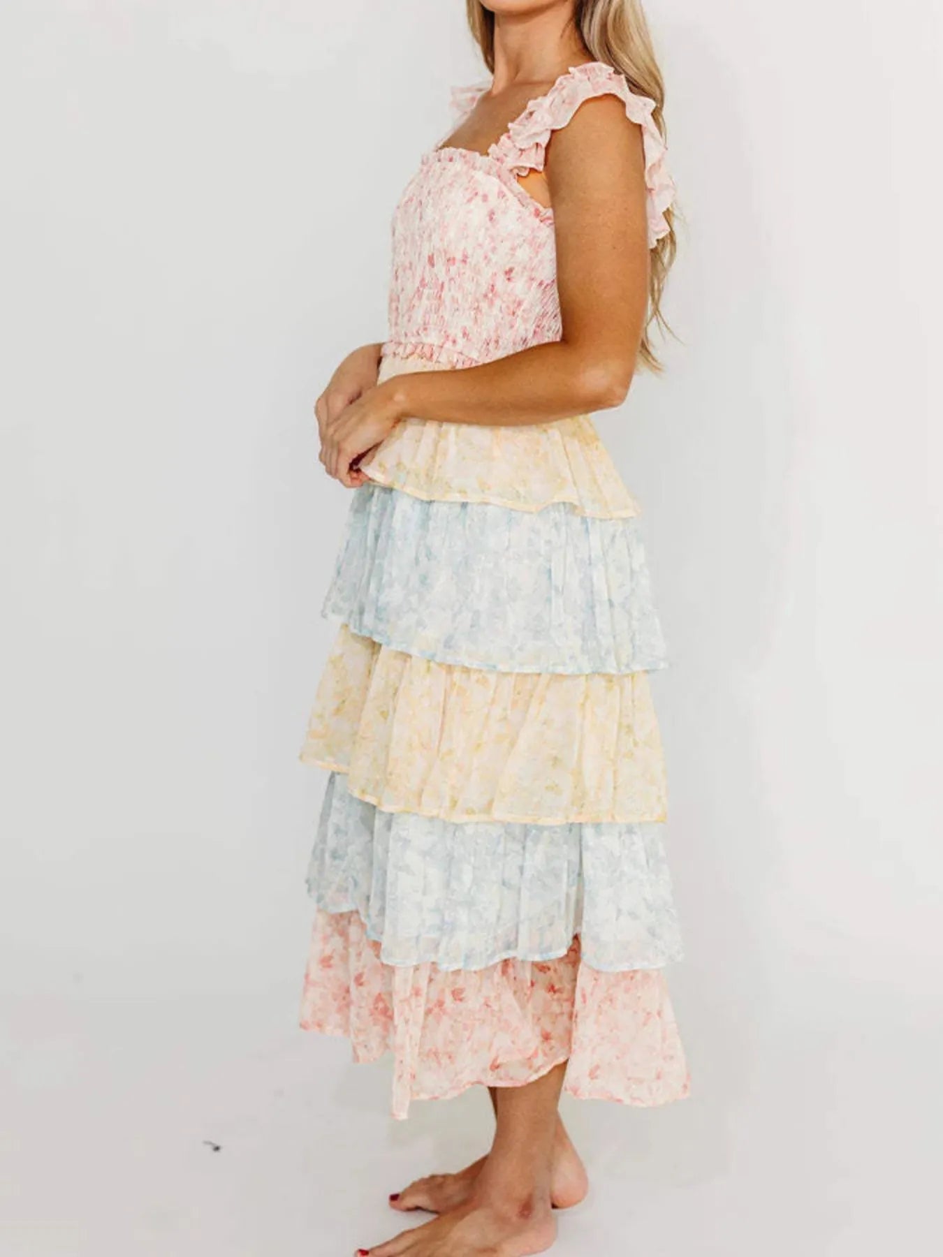 Image of Smocked Ruffle Layered Floral Midi Dress | Queeble.shop