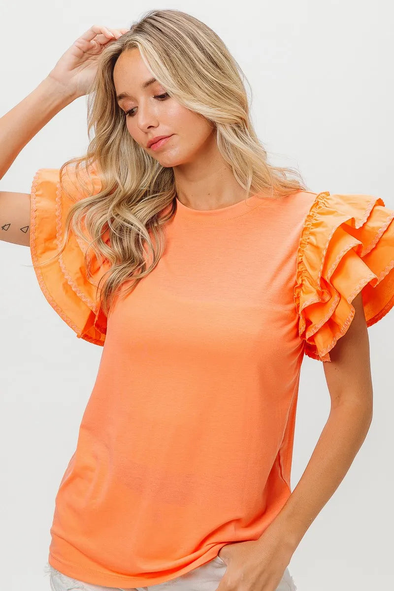 Image of BiBi Knit Top Woven Ruffle Tiered Sleeves | Queeble.shop