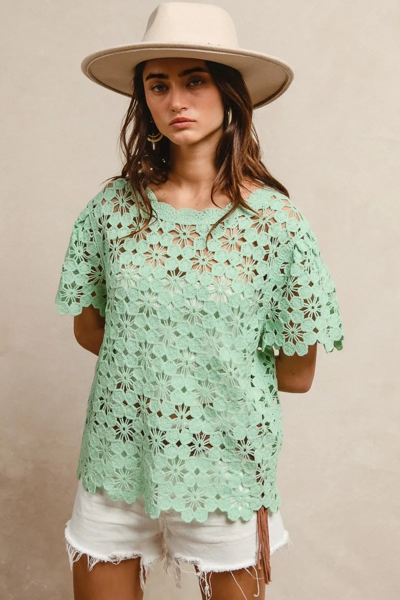 Image of BiBi Openwork Crochet Short Sleeve Knit Top | Queeble.shop