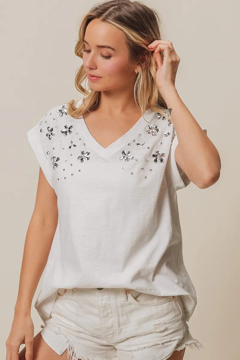 Image of BiBi Slub Jersey Rhinestone V Neck Top | Queeble.shop