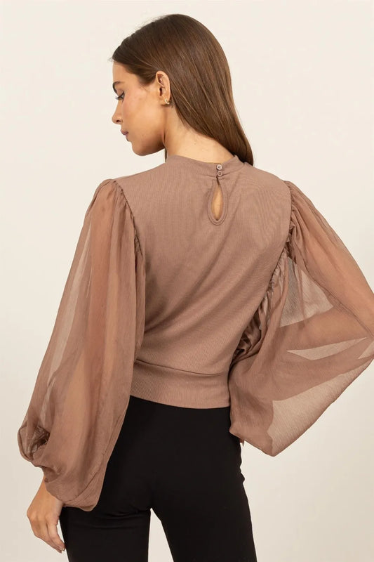 Image of HYFVE Ruched Sheer Long Sleeve Mock Neck Blouse | Queeble.shop