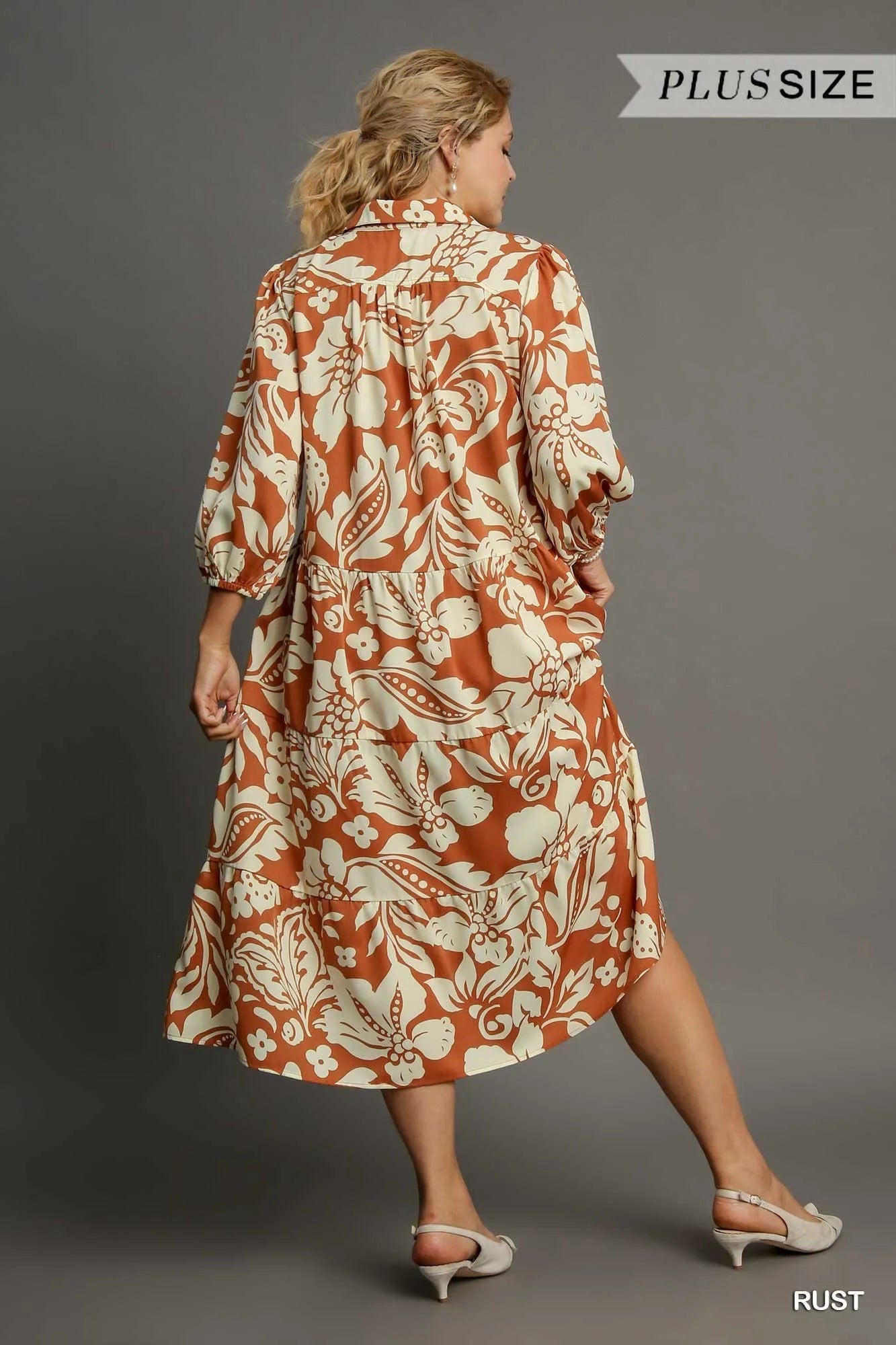 Image of Umgee Full Size Floral Tiered Midi Shirt Dress Plus Size | Queeble.shop