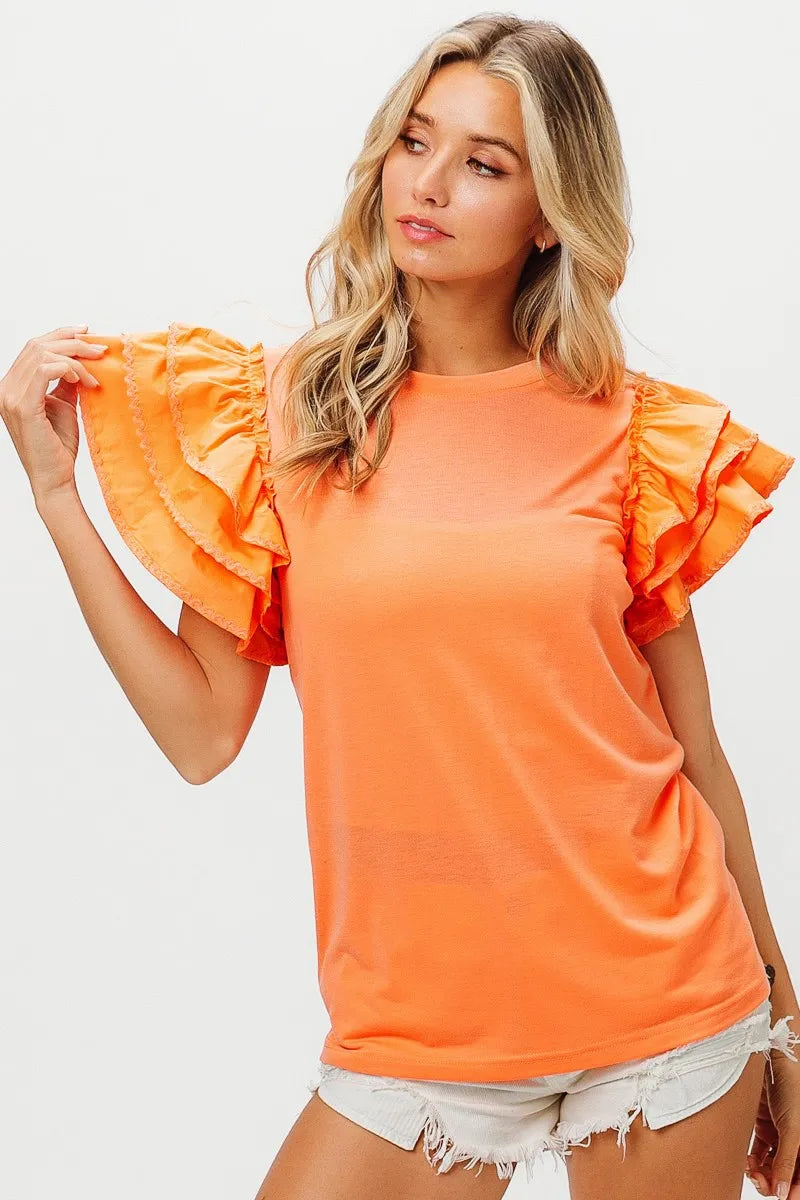 Image of BiBi Knit Top Woven Ruffle Tiered Sleeves | Queeble.shop