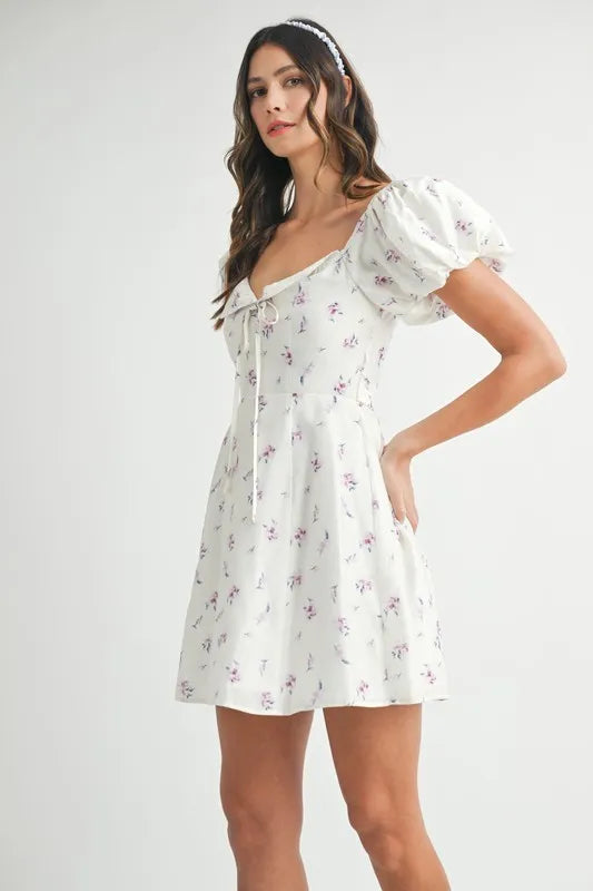 Image of MABLE Floral Print Puff Sleeve Mini Dress | Queeble.shop