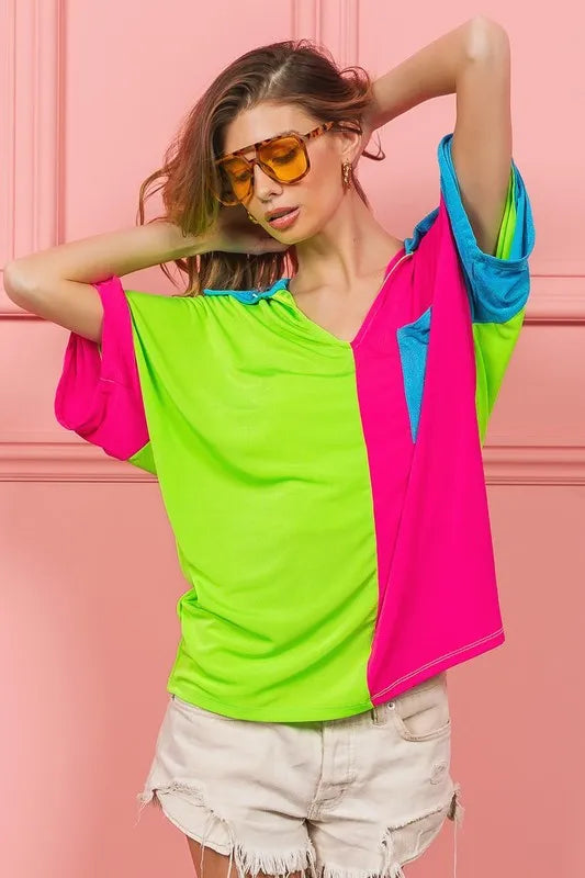 Image of BiBi Slinky Knit Color Block V Neck Front Top | Queeble.shop