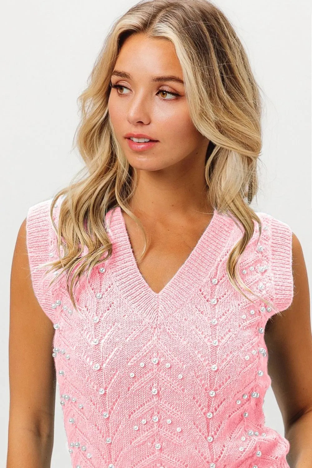 Image of BiBi Chevron Pointelle Pearl Knit Top | Queeble.shop