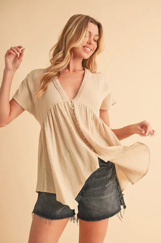 Image of Aemi + Co Tuck Detail V-Neck Short Sleeve Blouse | Queeble.shop