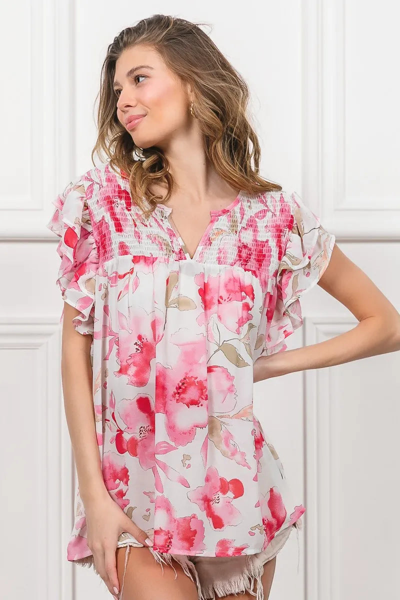 Image of BiBi Floral Print Flutter Sheer Top | Queeble.shop