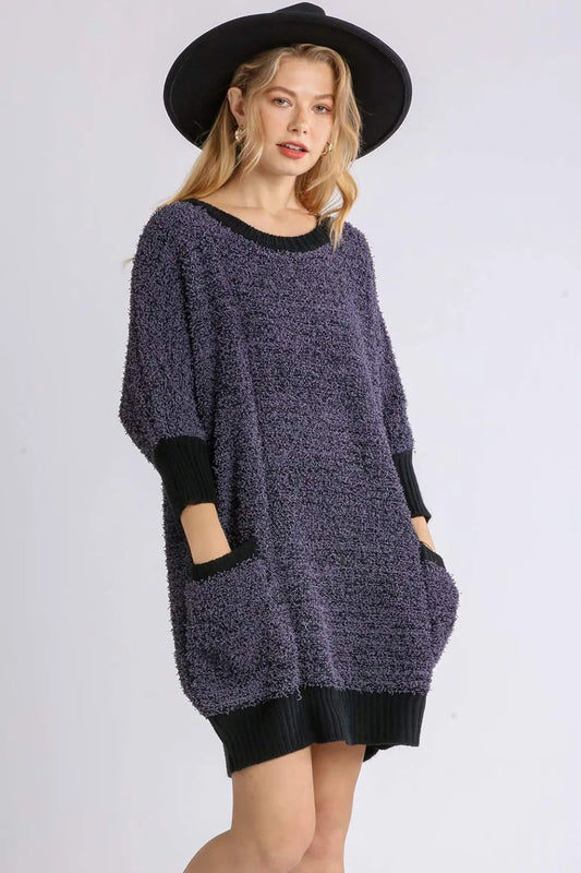 Image of Umgee Full Size Ribbed Hem Round Neck 3/4 Sleeve Sweater Dress with Pockets Plus Size | Queeble.shop