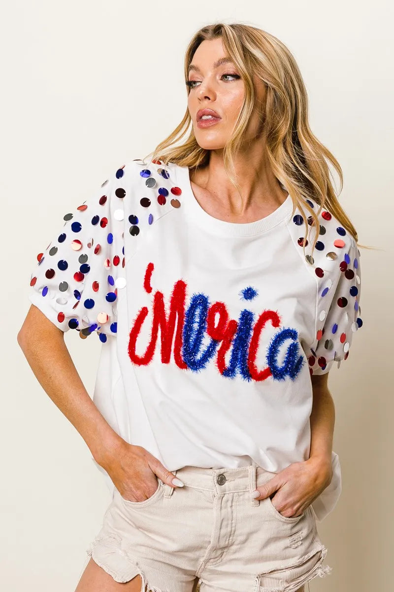 Image of BiBi Metallic Letter Spangle Raglan Puff Sleeve Top | Queeble.shop