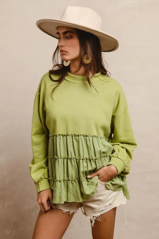 Image of BiBi French Terry and Woven Mixed Tiered Top | Queeble.shop