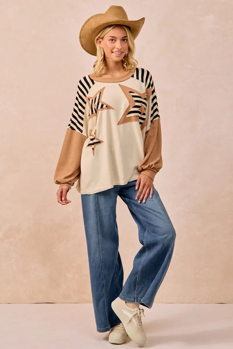 Image of BiBi Star Patchwork Mixed Long Sleeve Top | Queeble.shop