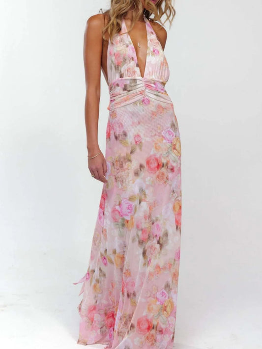Image of Floral Halter Neck Deep V Maxi Dress | Queeble.shop