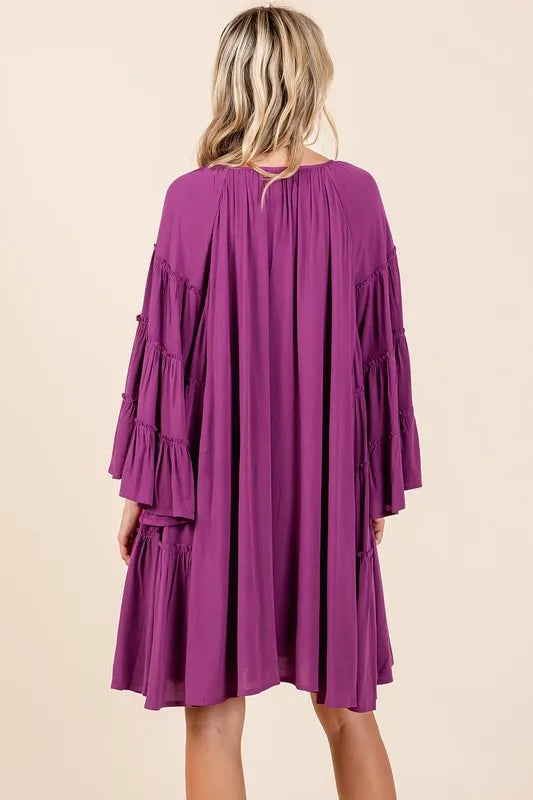Image of Mittoshop Frill Tie Neck Bell Sleeve Dress | Queeble.shop