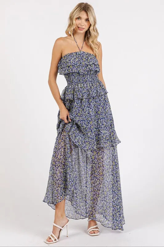 Image of Mittoshop Ruffled Smocked Floral Halter Neck Maxi Dress | Queeble.shop