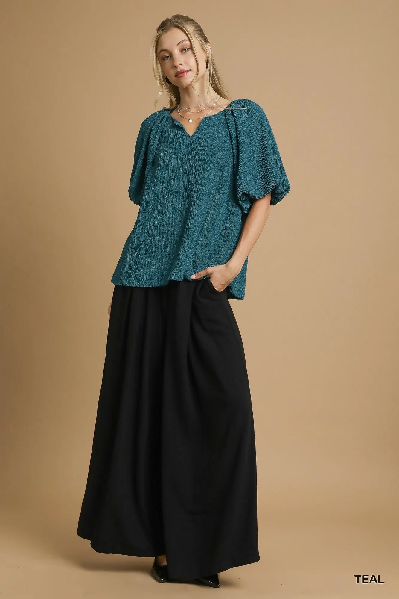 Image of Umgee Textured Flutter Sleeve Notch Neck Top | Queeble.shop