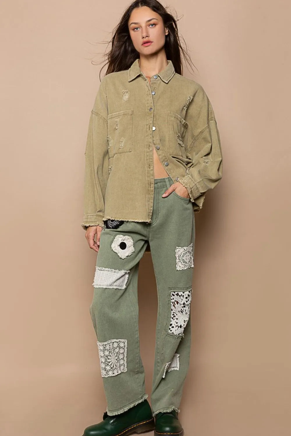 Image of POL Button Down Raw Hem Distressed Shacket | Queeble.shop