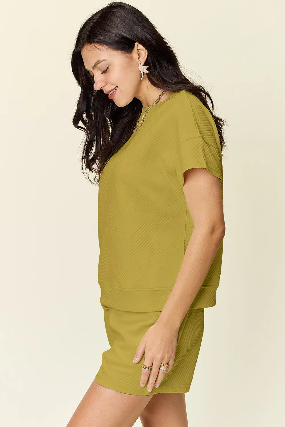 Image of Double Take Full Size Texture Short Sleeve T-Shirt and Drawstring Shorts Set | Queeble.shop