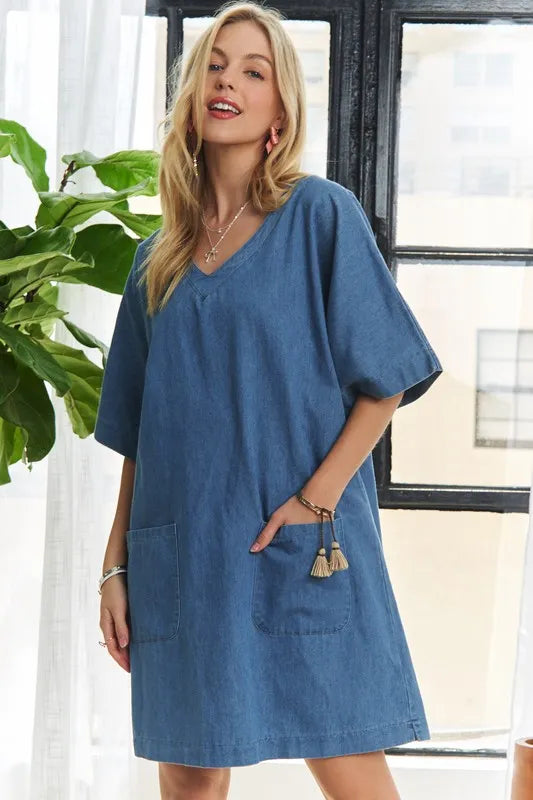 Image of ADORA V-Neck Half Sleeve Mini Denim Dress | Queeble.shop