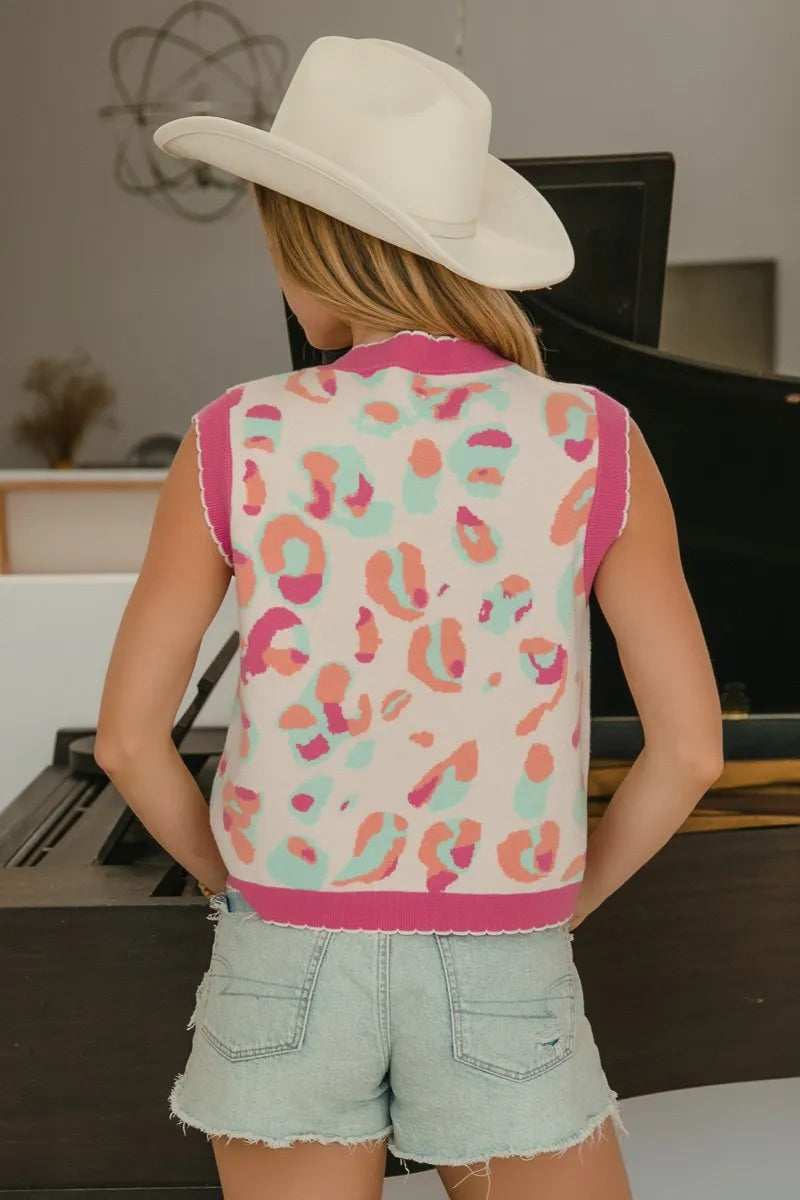 Image of BiBi Leopard Sweater Vest With Front Tie and Scallop Detail | Queeble.shop