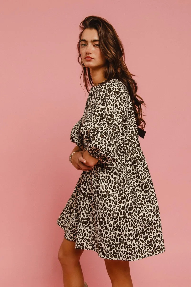 Image of BiBi Leopard Denim Dress With Back Contrast Tie Detail | Queeble.shop