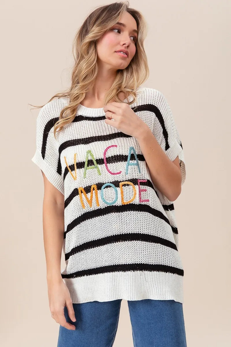 Image of BiBi Vacay Mode Lettering Drop Shoulder Striped Sweater | Queeble.shop