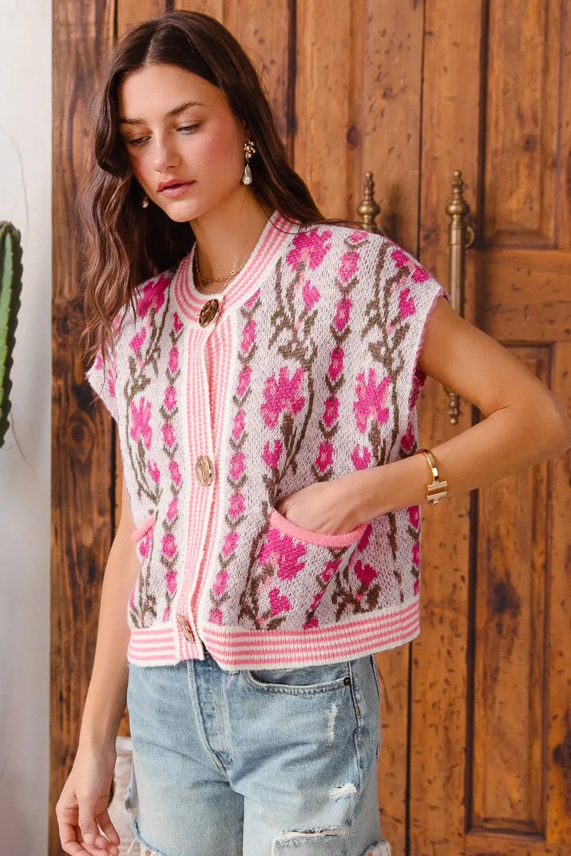 Image of SO ME Button Front Floral and Stripe Knitted Sweater Vest | Queeble.shop