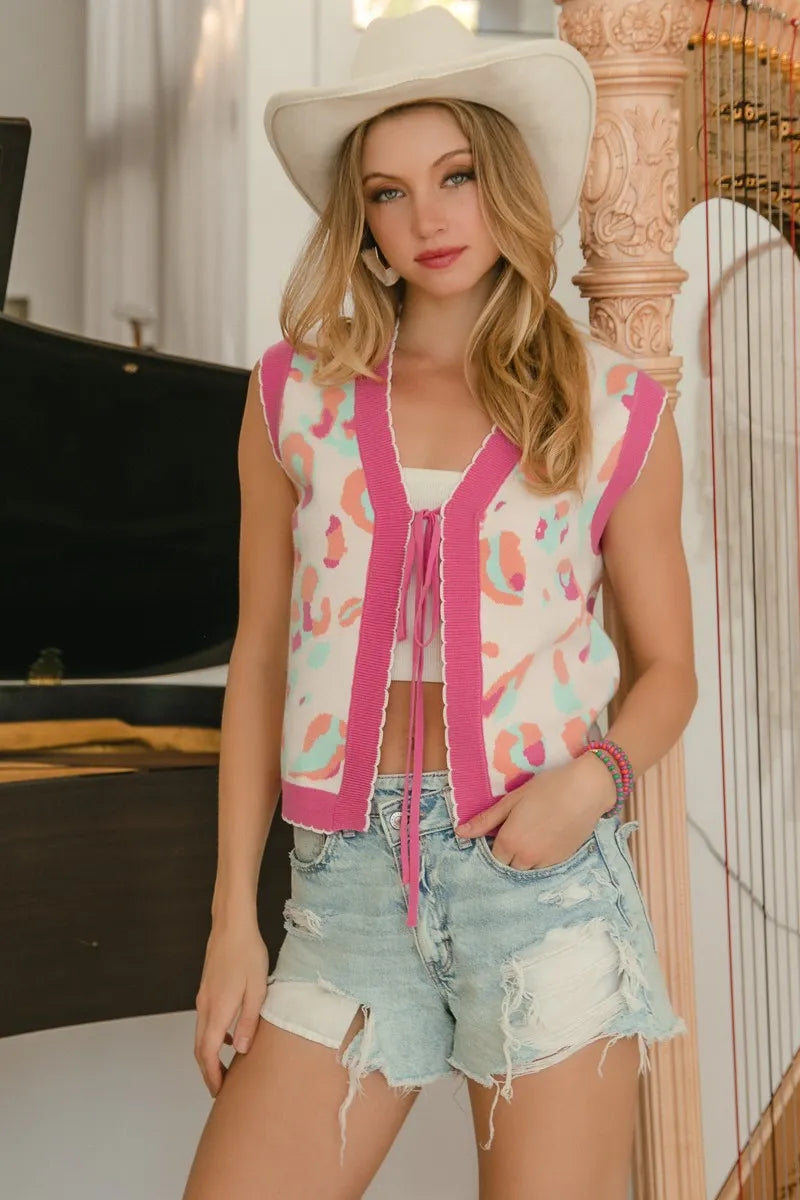 Image of BiBi Leopard Sweater Vest With Front Tie and Scallop Detail | Queeble.shop