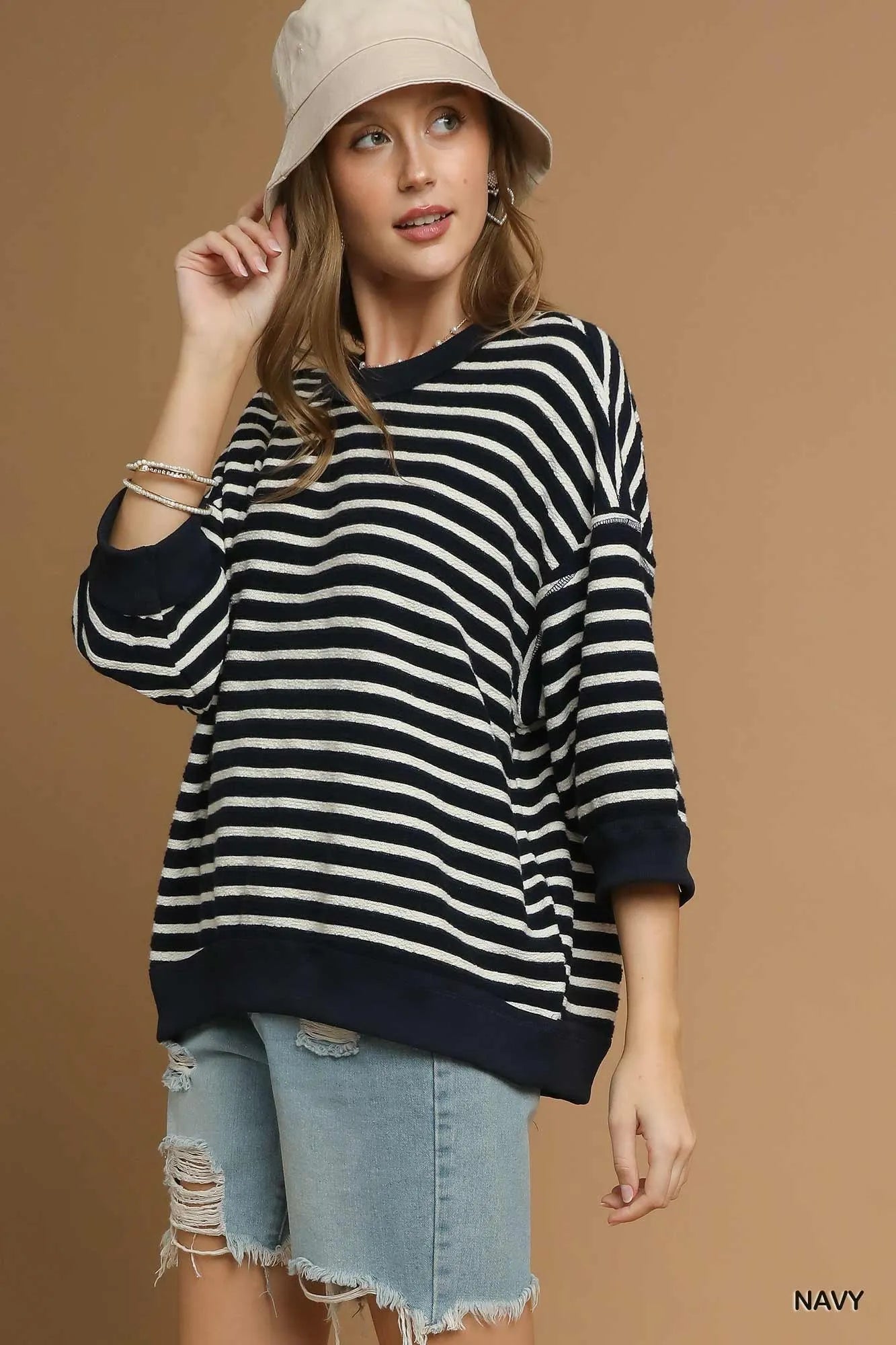 Image of Umgee Ribbed Hem Striped Oversized Knit Top | Queeble.shop