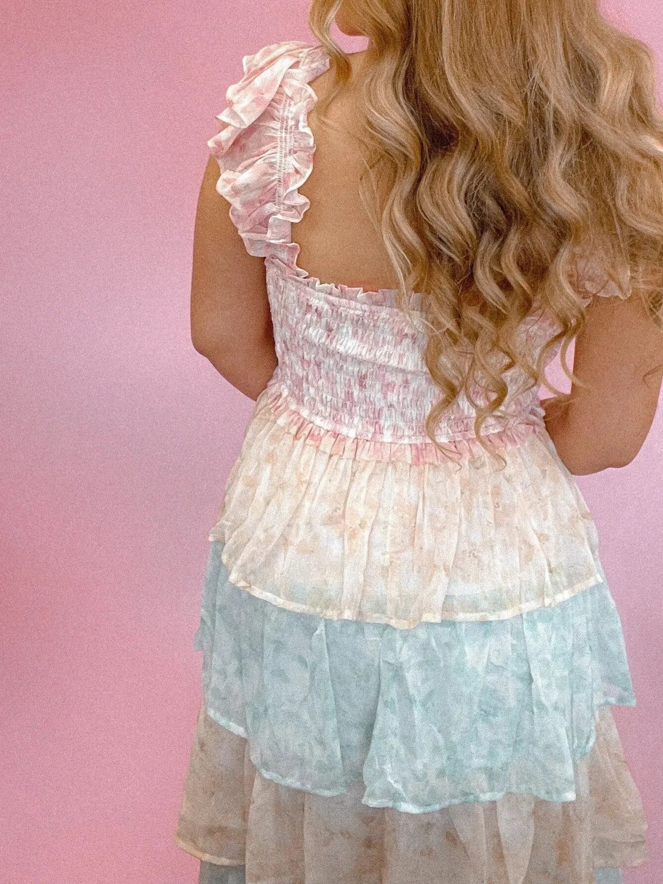 Image of Smocked Ruffle Layered Floral Midi Dress | Queeble.shop