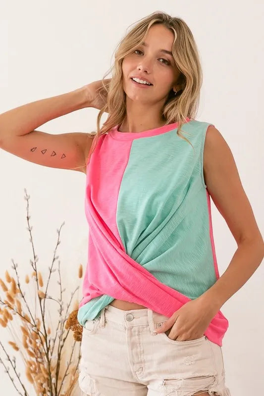 Image of BiBi Slub Terry Color Block Twisted Top | Queeble.shop