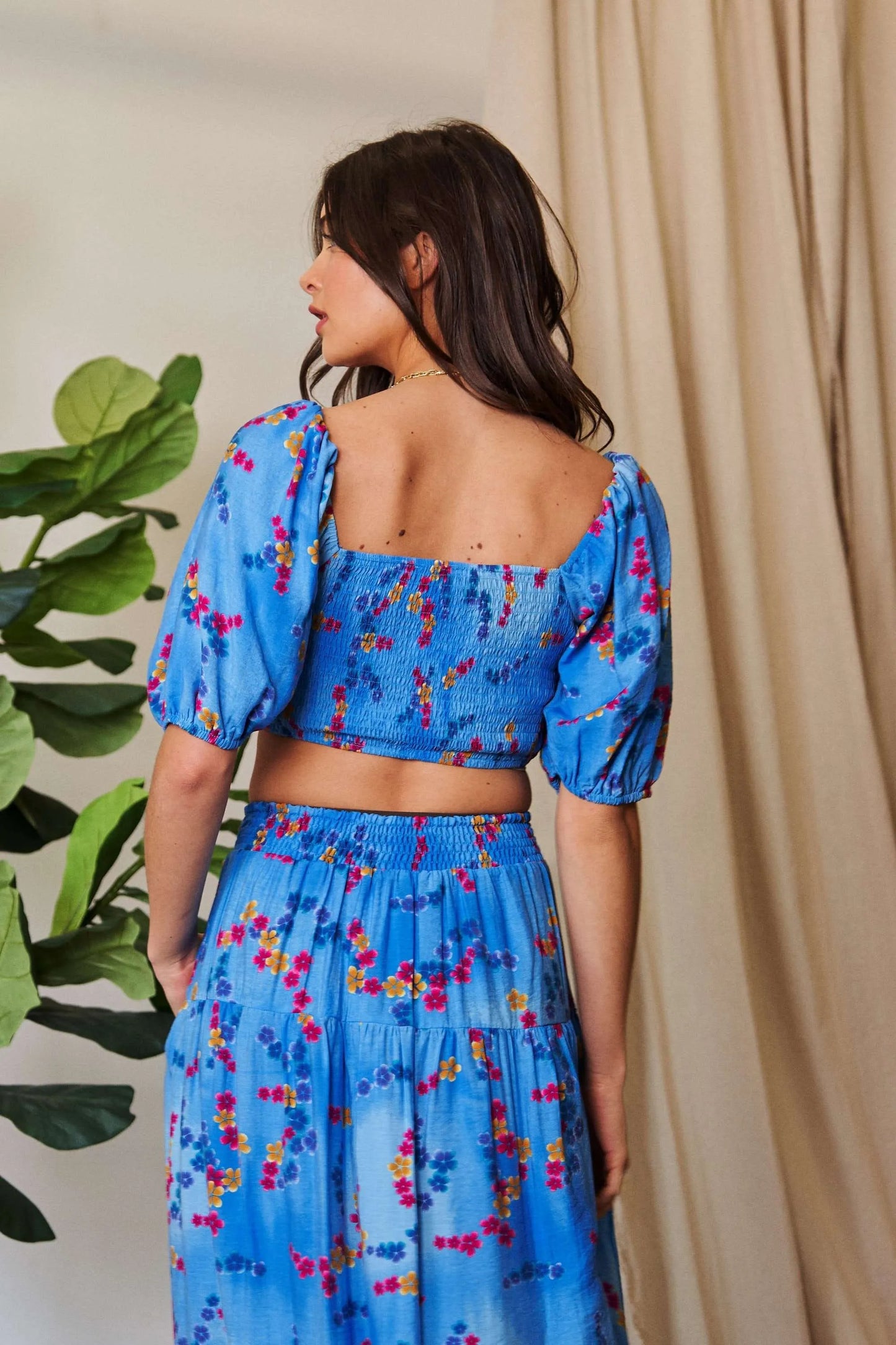 Image of Davi & Dani Smocing Bodice Puff Short Sleeve Printed Crop Top | Queeble.shop